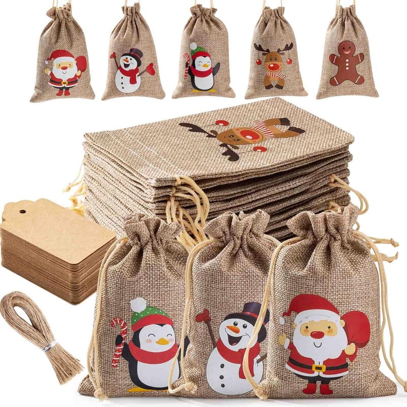 Homum 25 Pcs Christmas Burlap Gift Bags with Drawstring and Tags - 4x6 Inch Tiny Small Gift Bags for Xmas Candy and Christmas Supplies - Image 1
